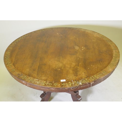 1092 - A Regency brass inlaid rosewood tilt top breakfast table, AF, 122cm diameter