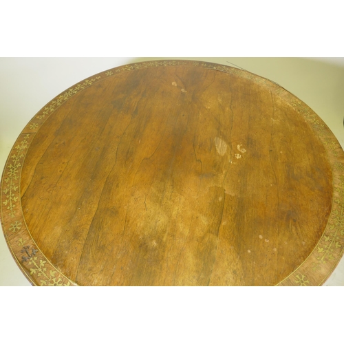 1092 - A Regency brass inlaid rosewood tilt top breakfast table, AF, 122cm diameter