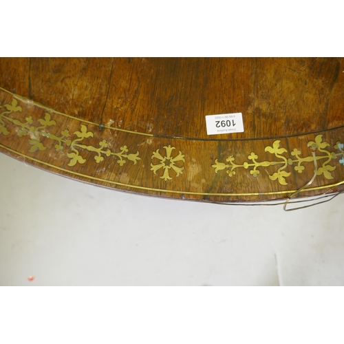 1092 - A Regency brass inlaid rosewood tilt top breakfast table, AF, 122cm diameter