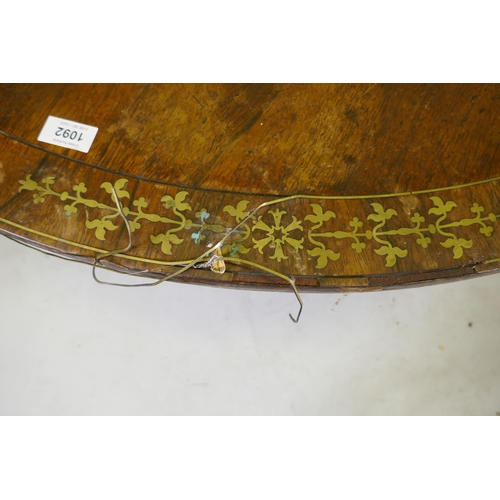 1092 - A Regency brass inlaid rosewood tilt top breakfast table, AF, 122cm diameter