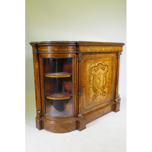 1096 - A Victorian inlaid burr walnut credenza with brass mounts, two bow end glazed doors and central marq... 