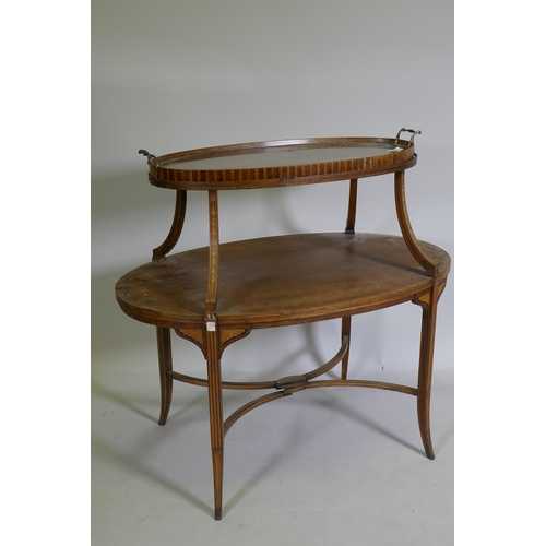 1097 - A Victorian two tier rosewood etagere with inlaid decoration, the lift off tray top with glass base,... 