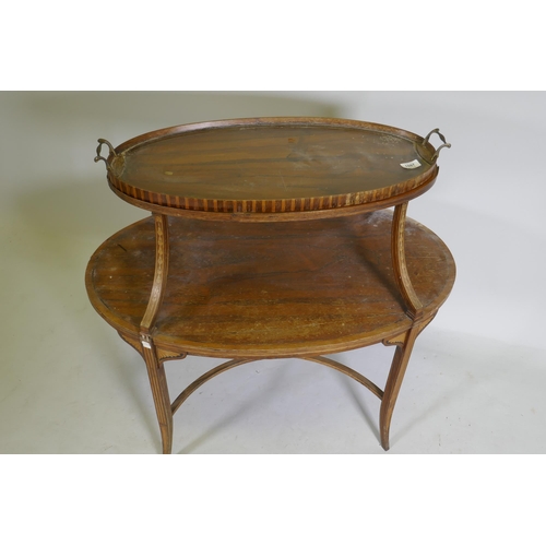 1097 - A Victorian two tier rosewood etagere with inlaid decoration, the lift off tray top with glass base,... 