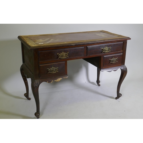 1099 - A Victorian mahogany four drawer kneehole desk, raised on carved cabriole supports, 110 x 52 x 76cm