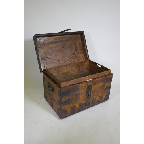 1101 - A C19th metal strapped oak silver chest for E&E Emanuel, silversmiths to the Queen (Victoria), 6... 