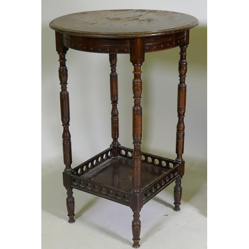 1104 - Edwardian walnut side table with pierced gallery undertier, 48cm diameter, 73cm high, and a walnut b... 