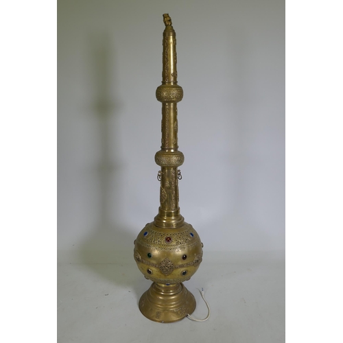 1107 - A Moorish pierced brass hookah base converted to a floor lamp, 128cm high, AF