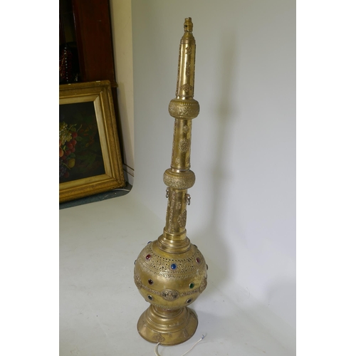 1107 - A Moorish pierced brass hookah base converted to a floor lamp, 128cm high, AF