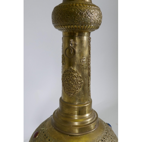 1107 - A Moorish pierced brass hookah base converted to a floor lamp, 128cm high, AF