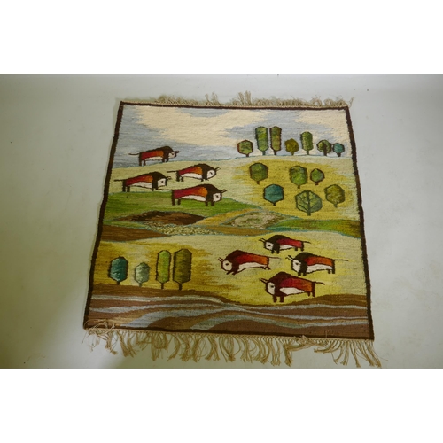 1109 - A Polish hand woven wool rug/wall hanging, landscape with cattle, 122 x 116cm