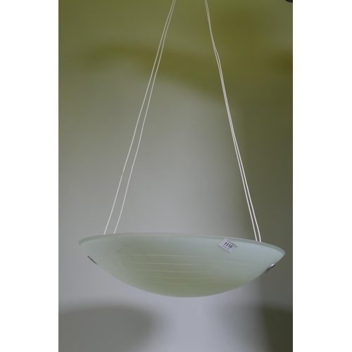 1110 - A contemporary hanging ceiling light with glass shade, 54cm diameter, 112cm max drop