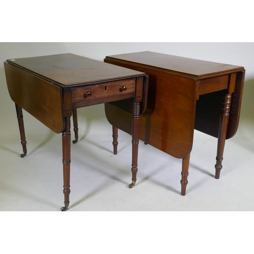 1116 - A Georgian mahogany pembroke table with single end drawer, raised on tapering supports with ring and... 