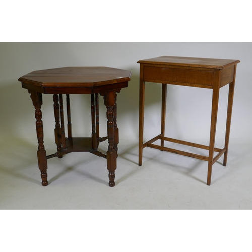 1118 - An Edwardian walnut octagonal top occasional table and an oak side table with single frieze drawer, ... 