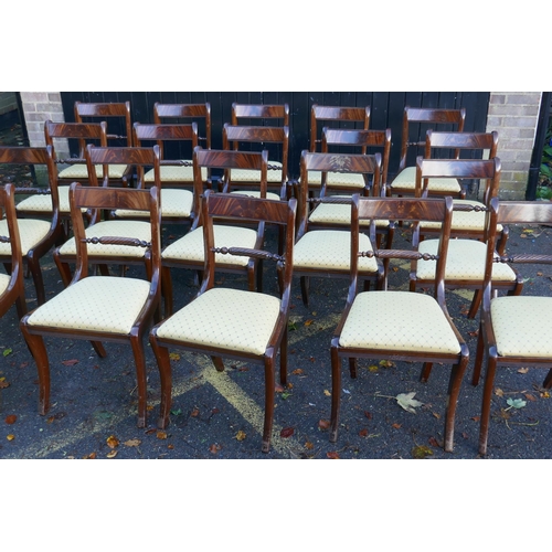 1129 - A set of twenty Regency style mahogany dining chairs, with rope twist backs and drop in seats, stamp... 