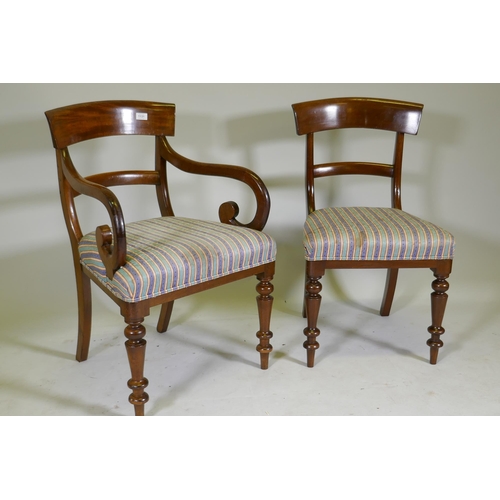 1131 - A set of eight (six plus two) Victorian mahogany bar back dining chairs raised on turned supports, a... 