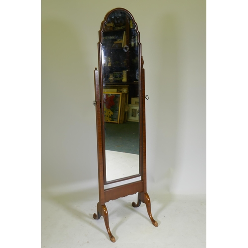 1135 - A Queen Anne style mahogany cheval mirror, 161 x 43cm