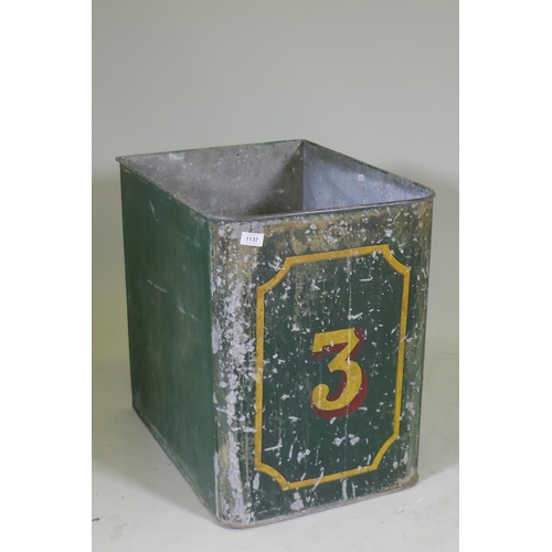 1137 - An antique galvanised log basket with painted and parcel gilt decoration, 60 x 46 x 60cm