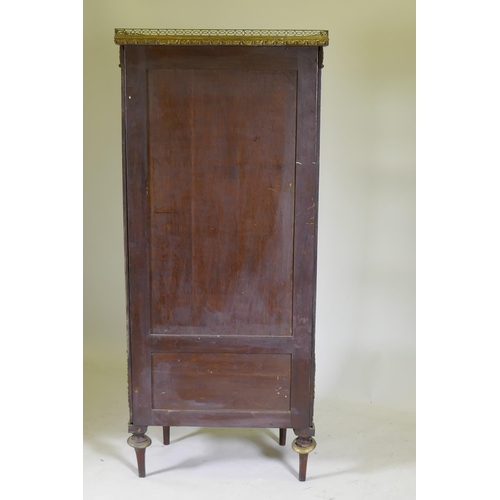 1138 - A C19th French mahogany vitrine, inlaid with brass and with ormolu mounts, the marble top with pierc... 