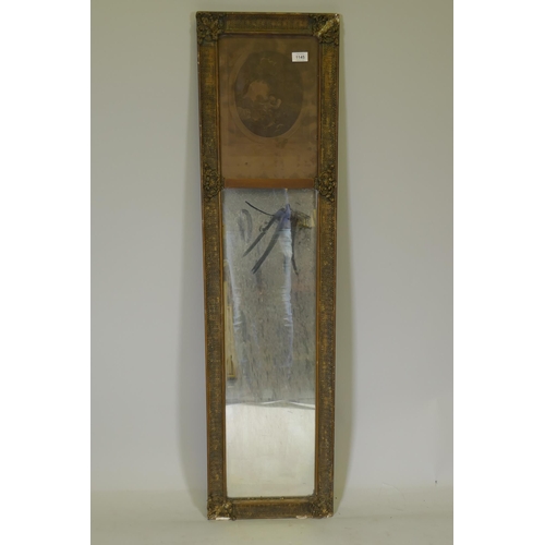 1145 - A late C19th/early C20th French trumeau mirror with inset engraving, 133 x 35cm