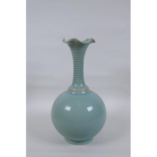 115 - A Chinese Ru ware style porcelain vase with a frilled rim and ribbed neck, 28cm high