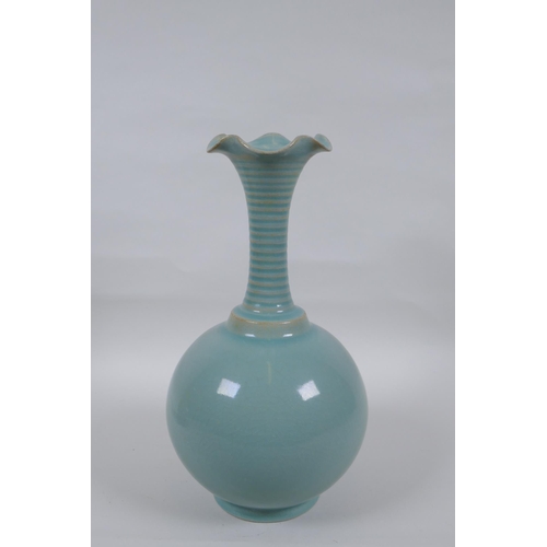 115 - A Chinese Ru ware style porcelain vase with a frilled rim and ribbed neck, 28cm high