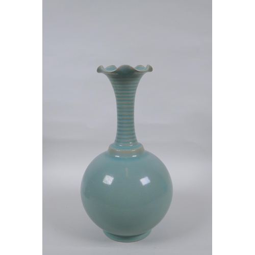 115 - A Chinese Ru ware style porcelain vase with a frilled rim and ribbed neck, 28cm high