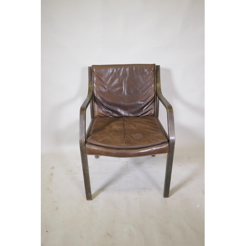 1168 - A laminated open elbow chair with brown leather seat pad and back