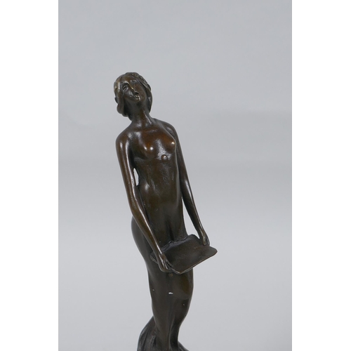 127 - An Art Nouveau style bronze figure of a semi clad woman, 19cm high