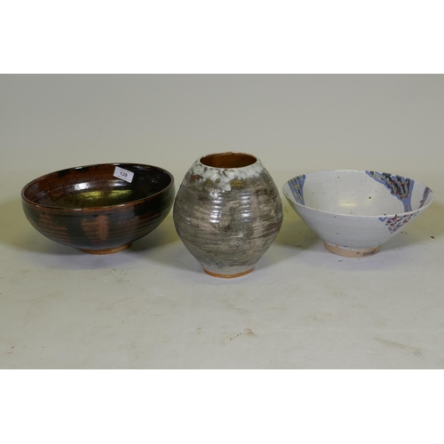 128 - A studio pottery treacle glazed bowl, impressed mark to base, a vase signed to base Hogben?, 20cm hi... 