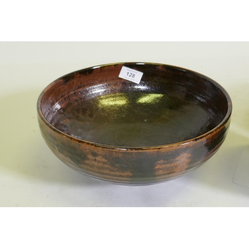 128 - A studio pottery treacle glazed bowl, impressed mark to base, a vase signed to base Hogben?, 20cm hi... 