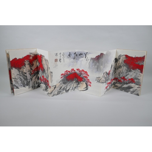 133 - A Chinese watercolour concertina book depicting a mountain river scene, 17 x 25cm