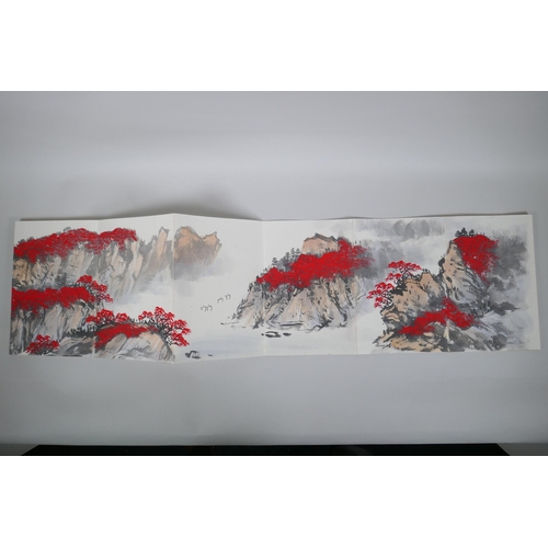 133 - A Chinese watercolour concertina book depicting a mountain river scene, 17 x 25cm