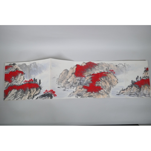 133 - A Chinese watercolour concertina book depicting a mountain river scene, 17 x 25cm