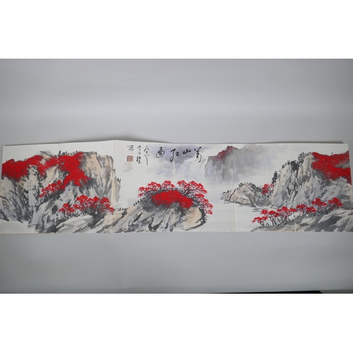 133 - A Chinese watercolour concertina book depicting a mountain river scene, 17 x 25cm