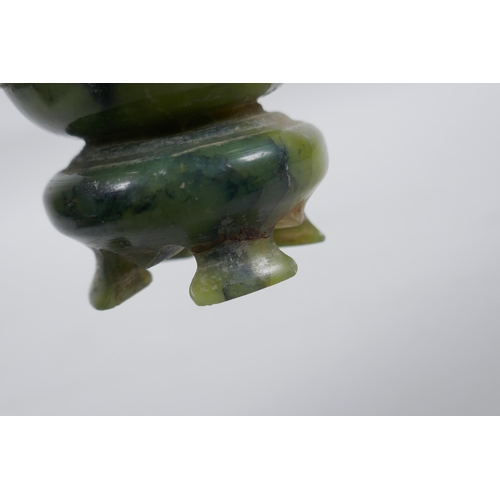 140 - A Chinese mottled green jade stem vase, 13cm high