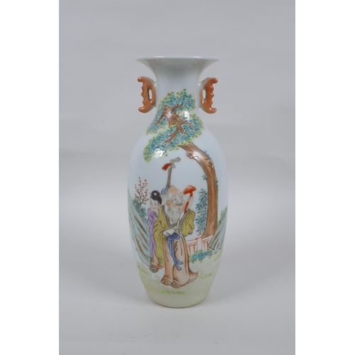 142 - A Chinese Republic style porcelain two handled vase with polychrome decoration of a sage and apprent... 