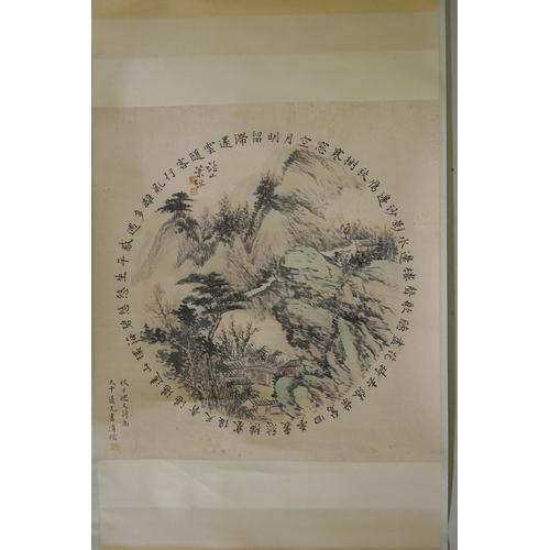 154 - A Chinese watercolour scroll depicting an autumnal mountain landscape, 64 x 65cm