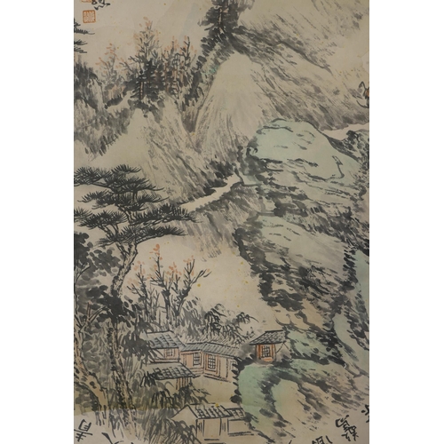 154 - A Chinese watercolour scroll depicting an autumnal mountain landscape, 64 x 65cm