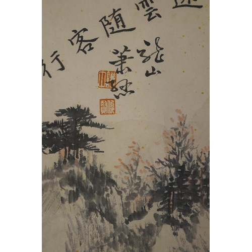 154 - A Chinese watercolour scroll depicting an autumnal mountain landscape, 64 x 65cm