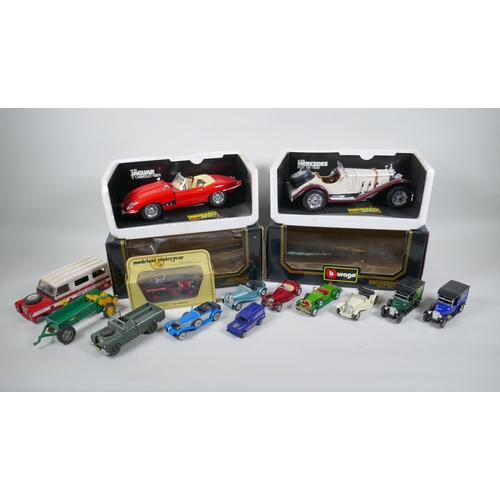 177 - A Bburago 1/18 scale die cast Mercedes Benz SSK (1928) and a Jaguar E. Cabriolet (1961), both in ori... 