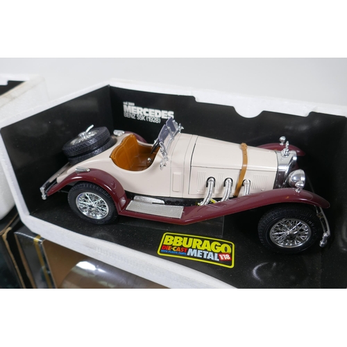 177 - A Bburago 1/18 scale die cast Mercedes Benz SSK (1928) and a Jaguar E. Cabriolet (1961), both in ori... 