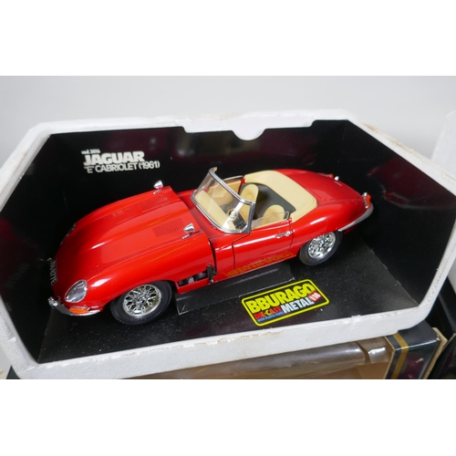 177 - A Bburago 1/18 scale die cast Mercedes Benz SSK (1928) and a Jaguar E. Cabriolet (1961), both in ori... 