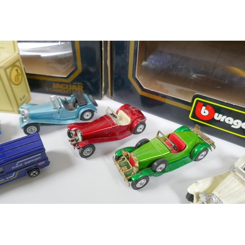 177 - A Bburago 1/18 scale die cast Mercedes Benz SSK (1928) and a Jaguar E. Cabriolet (1961), both in ori... 