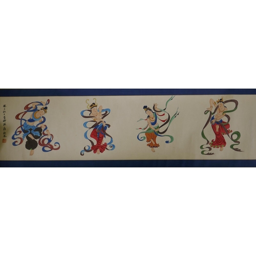 179 - After Pan Jiezi, (Chinese,  1915-2002), watercolour scroll depicting ribbon dancers, 117 x 29cm