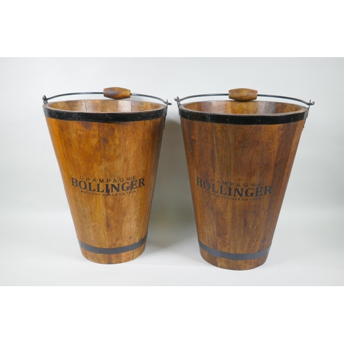 185 - A pair of coopered wood buckets, with 'Bollinger' decoration, 40cm high