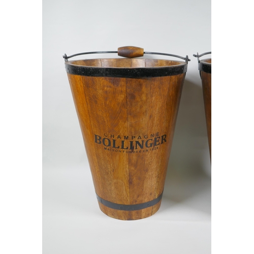 185 - A pair of coopered wood buckets, with 'Bollinger' decoration, 40cm high