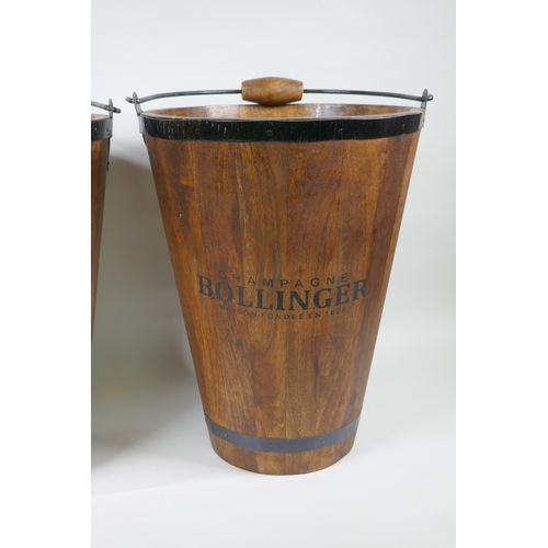 185 - A pair of coopered wood buckets, with 'Bollinger' decoration, 40cm high