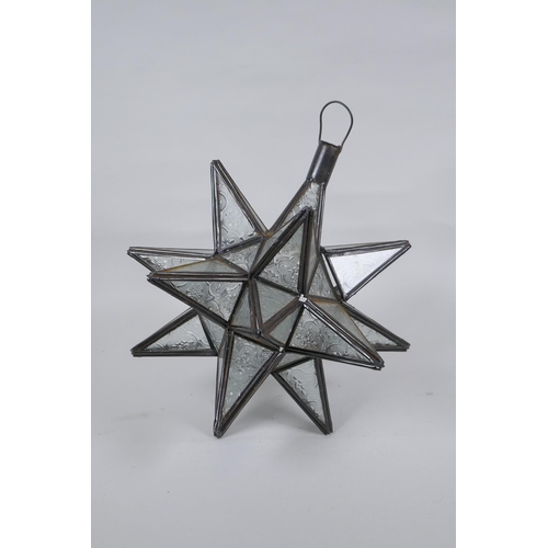 190 - A vintage glass and metal star shaped lantern, 30cm drop