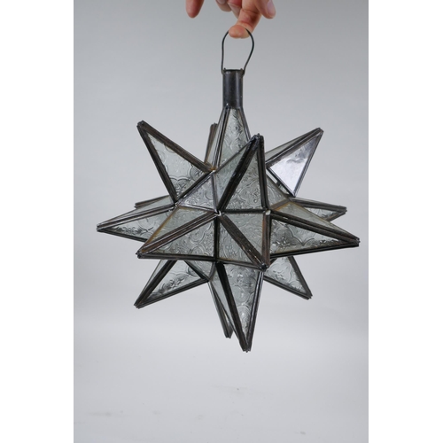 190 - A vintage glass and metal star shaped lantern, 30cm drop