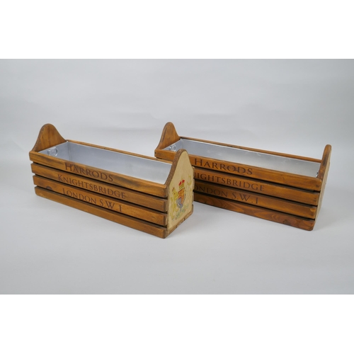 195 - A pair of vintage style wood herb planters with metal liners and 'Harrods' decoration, 35 x 11cm